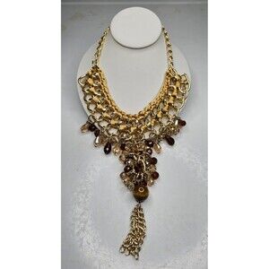 Macrame Cord and Beaded Lariat Statement Necklace 20" with a 7" Drop